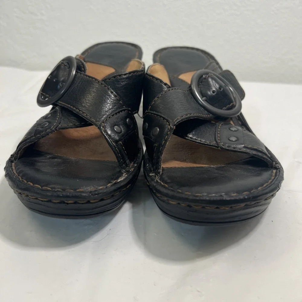 Born Comfort Wedge Sandals Black Leather Womens 7 Slip-On Buckle W3070 3